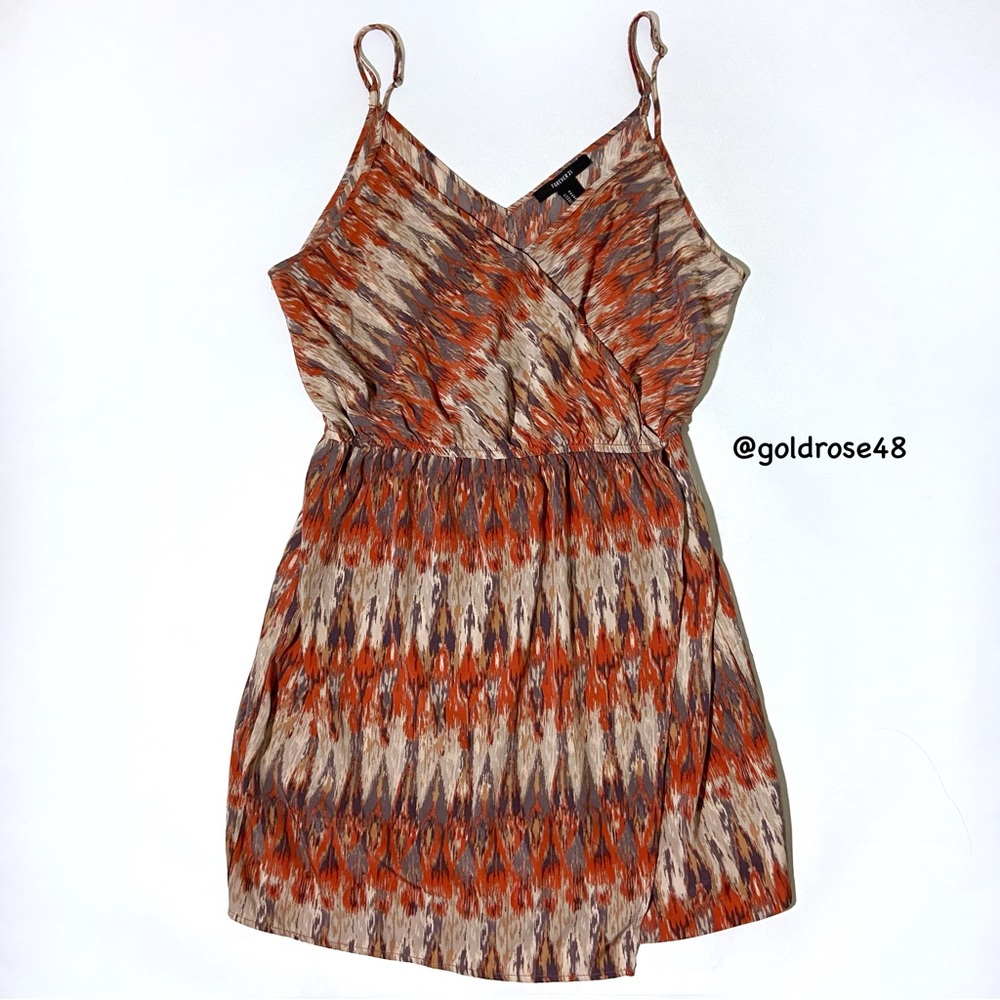 Forever 21 orange print spaghetti strap faux wrap dress